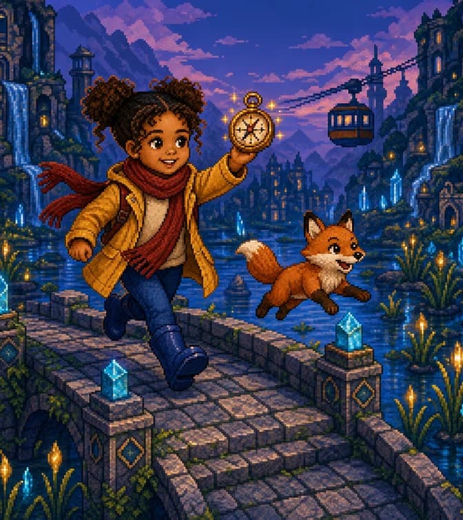 La même enfant transformée en héroïne dans le style Pixel