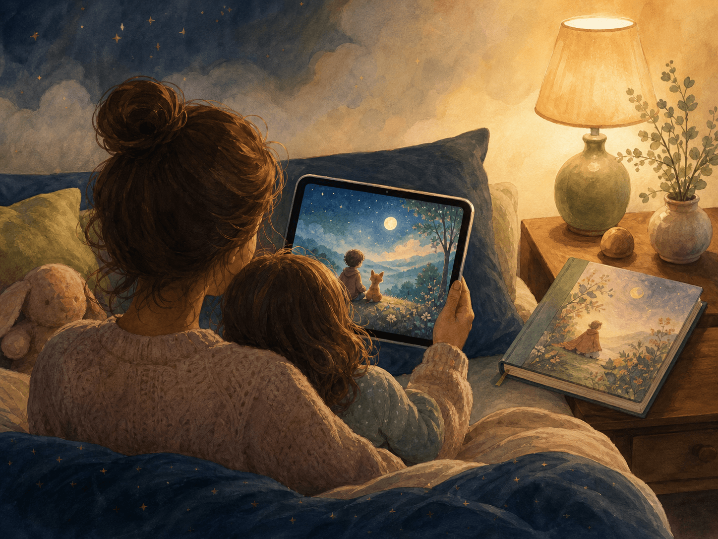 Parent et enfant relisant une histoire avant de commander le livre